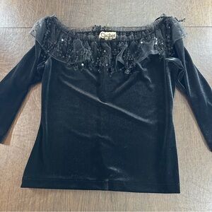 Cachet Black Velvet Off-Shoulder Blouse with Lace And Sequin Collar. Sz XL